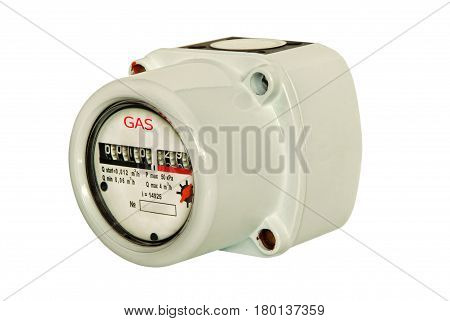 Gas meter isolated on white background taken closeup.