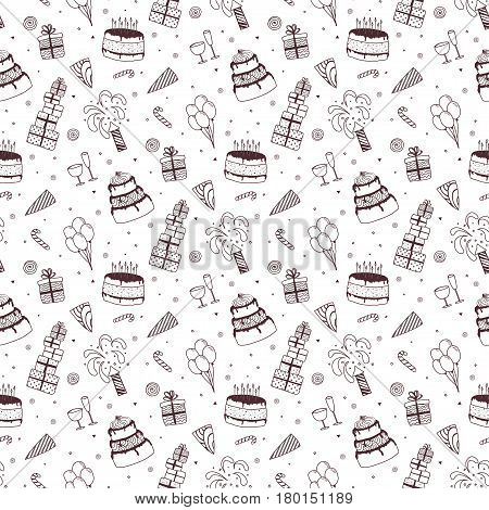 Happy birthday background. Vector seamless pattern with hand drawn elements.