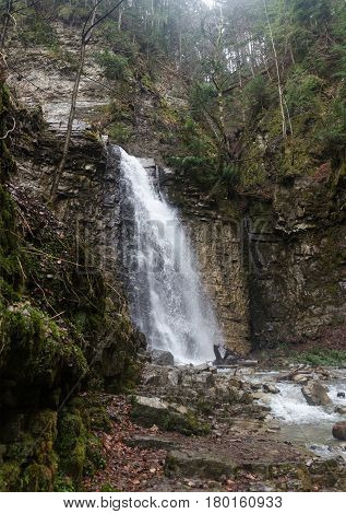 Maniavskii Waterfall in Gorgany. Maniava village. Ukraine