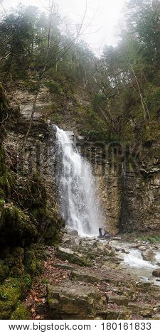 Maniavskii Waterfall in Gorgany. Maniava village. Ukraine