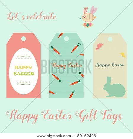 Easter holiday tags with eggs, cute rabbits, bright carrots