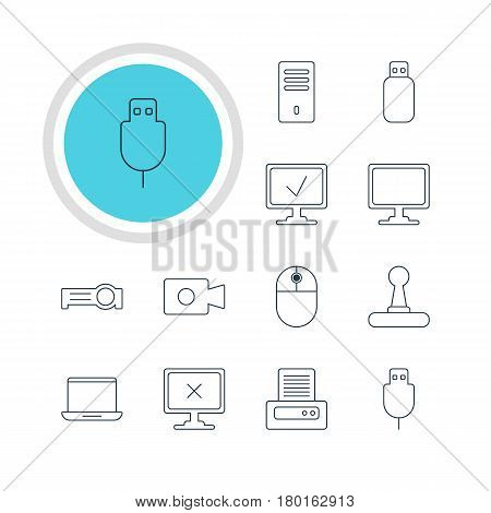 Vector Illustration Of 12 Computer Icons. Editable Pack Of Presentation, Movie Cam, Online Computer And Other Elements.