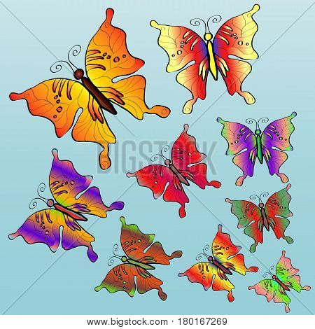 Nine colorful bright butterflies On a blue background