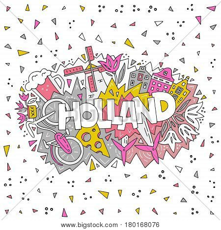 The vector illustration Holland word and the bright colorful symbols of a country.
