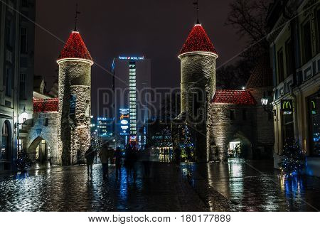 TALLINN, ESTONIA - JANUARY 29, 2017: Night Tallinn, night view of the street, Tallinn Estonia.