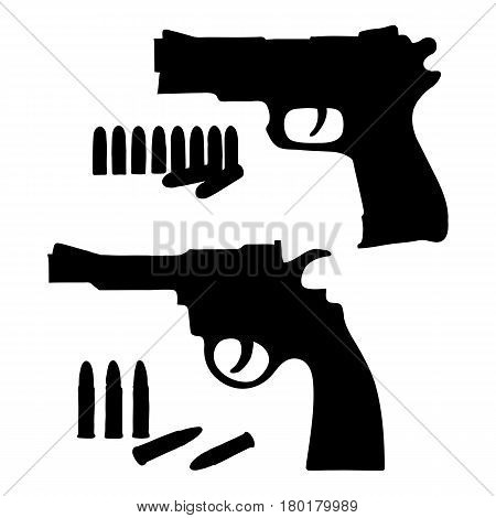 Silhouette sketch vector revolver and a pistol with bullets. Illustration on white background.