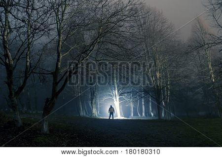 Strange Silhouette In A Dark Spooky Forest At Night, Mystical Landscape Surreal Lights With Creepy M