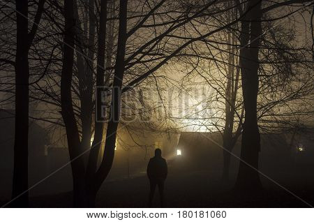 Strange Silhouette In A Dark Spooky Forest At Night, Mystical Landscape Surreal Lights With Creepy M