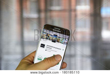 MONTREAL CANADA - MARCH 10 2017 : Garmin Navigon smartwatch connect app on Samsung s7 screen. Garmin is an American multinational technology company founded by Gary Burrell and Min Kao in 1989.