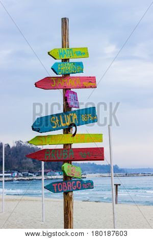 Bulgaria the index of cities on a beach on a column