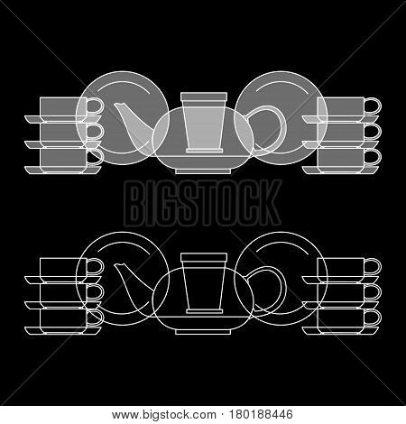 Tea set, kettle, cup, saucer on black background. Vector illustration