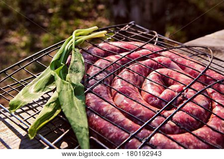 Uncooked Sausages For Barbecue. Travel Cooking