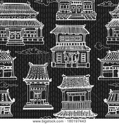 Vector oriental seamless pattern with asian architecture in black and white colors.