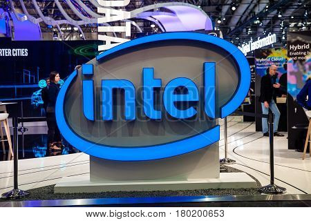 Hannover, Germany - March, 2017: Intel company stand interior on exhibition Cebit 2017 in Hannover Messe, Germany