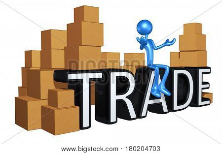 The Original 3D Character Illustration Sitting On The Word Trade With Boxes All Around
