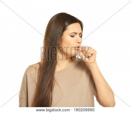 Young woman with allergy on white background