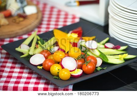 Brunch at an expensive restaurant. healthy food. plate with vegetables.