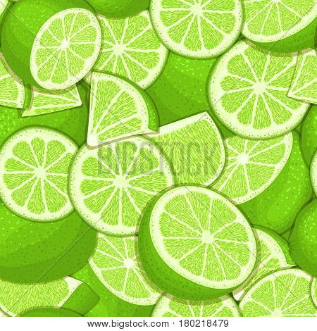 Ripe juicy tropical lime background. Vector card illustration. Closely spaced fresh citrus green lemon fruit peeled, piece of half, slice. Seamless pattern for packaging design healthy food, diet juce