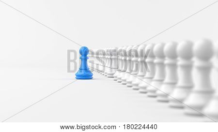 Leadership concept blue pawn of chess standing out from the crowd of white pawns on white background. 3D rendering.