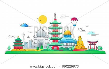 Asian Countries - modern vector line travel illustration. Discover India, Japan. Have a trip, enjoy your vacation. Be on a journey. See landmarks like buddha , torii, mosque, taj mahal