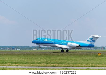 SCHIPHOL NETHERLANDS - JUNE 4 2016: KLM airplane takes off at amsterdam international airport. There are 163 destinations served by KLM