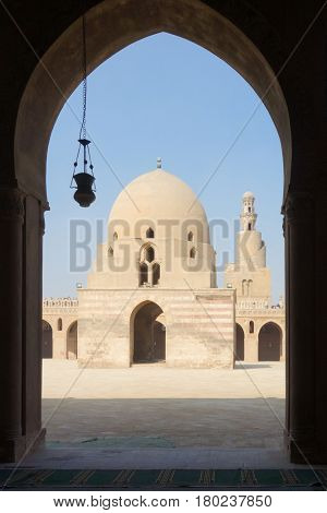 Ibn Tulun Mosque in Cairo, Egypt.  The Mosque is the oldest Mosque in the city and the mosque's original inscription slab identifies the date of completion as 265 AH or 879 AD.