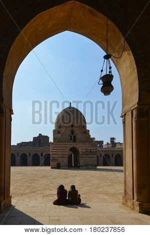 Ibn Tulun Mosque in Cairo, Egypt.  The Mosque is the oldest Mosque in the city and the mosque's original inscription slab identifies the date of completion as 265 AH or 879 AD.