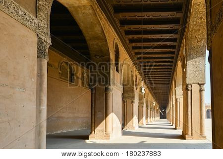 Ibn Tulun Mosque in Cairo, Egypt.  The Mosque is the oldest Mosque in the city and the mosque's original inscription slab identifies the date of completion as 265 AH or 879 AD.