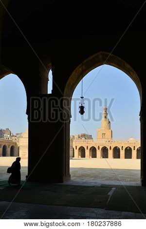 Ibn Tulun Mosque in Cairo, Egypt.  The Mosque is the oldest Mosque in the city and the mosque's original inscription slab identifies the date of completion as 265 AH or 879 AD.