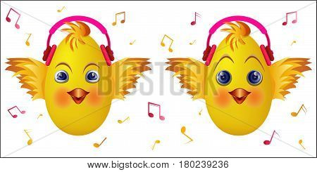 Cute chick emoticons with black headphones. Chick emoticon listen music. Vector illustration.