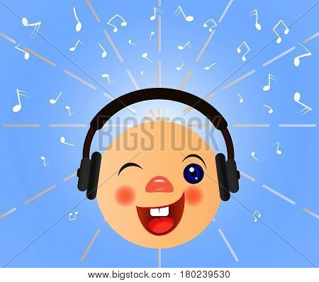 Emoticons icons. Emoji face. Smiley with headphones.Vector musical symbol. Smile emoticon. Music emoticon with headphones vector. Music notes signs. Vector illustration.