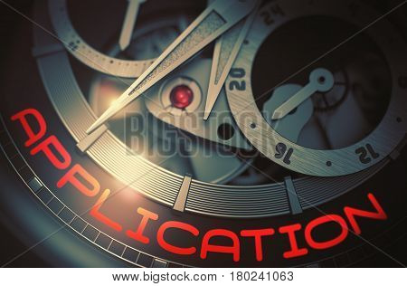 Luxury Wristwatch with Application Inscription on Face. Luxury Wrist Watch Machinery Macro Detail and Inscription - Application. Work Concept with Glowing Light Effect. 3D Rendering.
