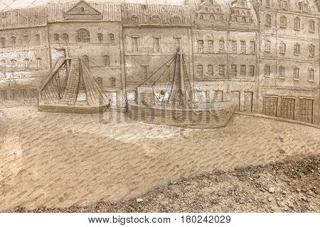 Jesolo Italy July 19 2016: sand sculptures exhibition in Jesolo (VE) ITALY. Theme of the show: the European capitals.