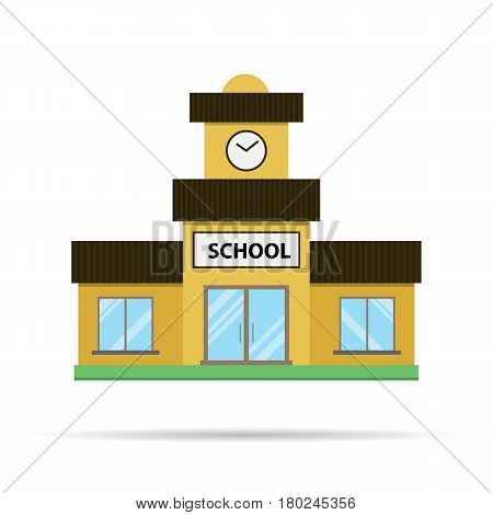 Vector flat school icon. Yellow building with a brown roof and blue windows solated on white background