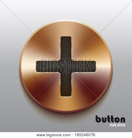 Round plus button with black symbol and brushed bronze texture isolated on gray background