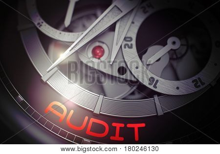 Old Watch Machinery Macro Detail and Inscription - Audit. Luxury Pocket Watch Machinery Macro Detail with Inscription Audit. Work Concept with Glowing Light Effect. 3D Rendering.