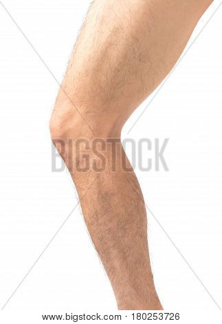 Closeup leg men skin and hairy with white background health care and medical concept
