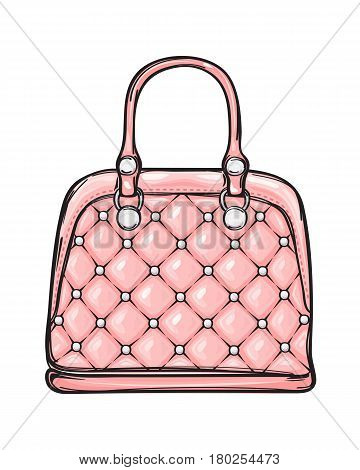 Trendy leather pink women bag with white rivets isolated on background. Fashionable accessory for chic, elegant and casual outfits. Vector illustration of glamorous and smart handbag.