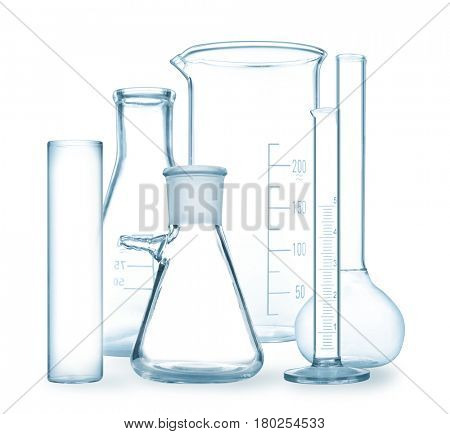 Set of laboratory glassware on white background 