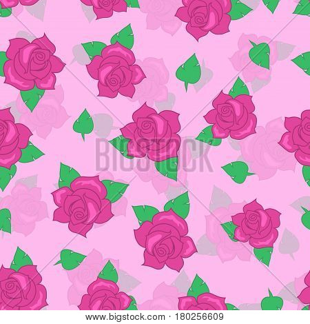 Pink rose with green leaves seamless pattern. Illustration of isolated big blossoms in cartoon style walllpaper, wrapping paper. Fashion decoration endless texture. Floral embellishment. Vector