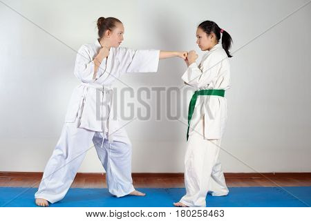 Two girls demonstrate martial arts working together. Fighting position active lifestyle practicing fighting techniques
