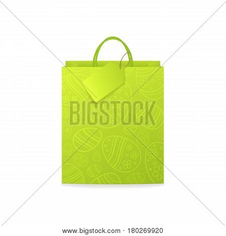 Vector green paper shopping bag with pattern of ornamental eggs for design easter gift vouchers and coupons. Isolated from the background.