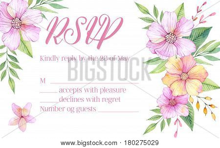 Hand Drawn Watercolor Illustration. Rsvp Invitation With Leaves And Flowers. Watercolor Ready To Use