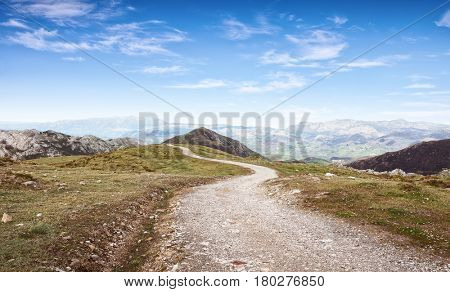Walking route in Cantabrian Mountains, Picos de Europa National Park,  Asturias, Spain.