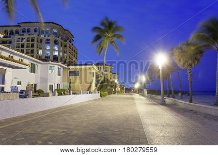 Hollywood broadwalk illuminated at night. Florida United States