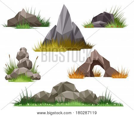 Rock and stone set isolated on white background. Vector stones and pebbles in green grass vector illustration