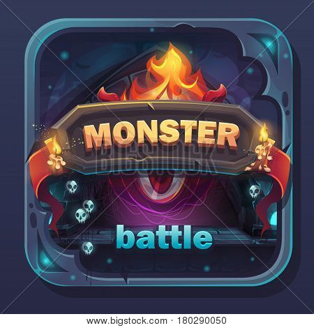 Monster battle GUI icon - cartoon stylized vector illustration with text button game name.