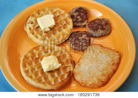 Unhealthy Breakfast Served on a Yellow Plate