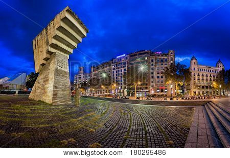 BARCELONA SPAIN - NOVEMBER 17 2014: Monument to Francesc Macia on the Placa de Catalunya. The square occupies an area of about 50000 m2 and it's considered to be the center of the city.