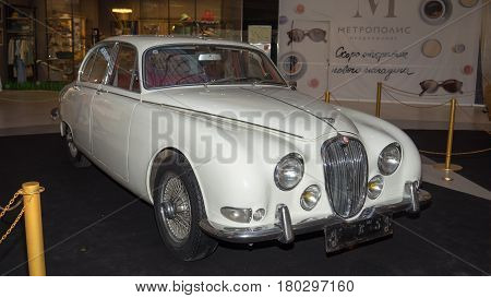 Moscow, Russia - April 02, 2017: White Jaguar S-type, 3,8 Litre, Great Britain 1965. Retro Car Exibi